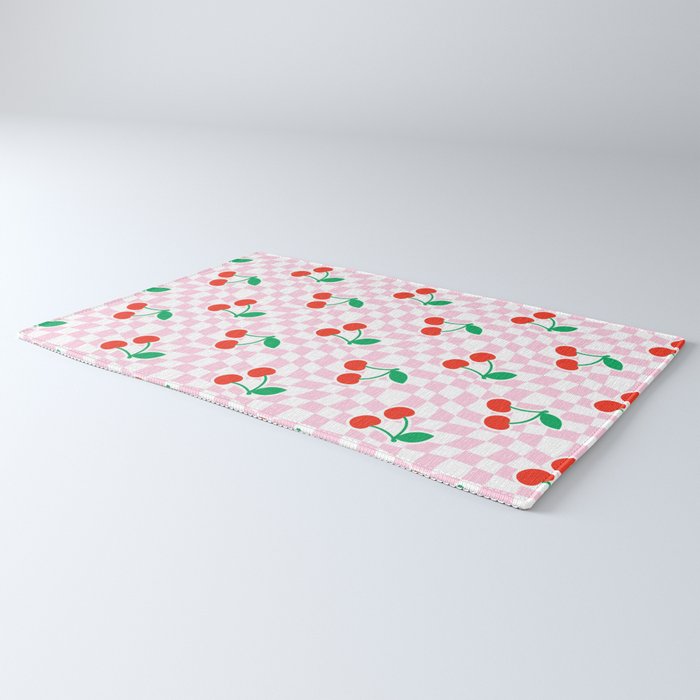 Cute pink cherry fruit checkered pattern Rug Gallery Image 3
