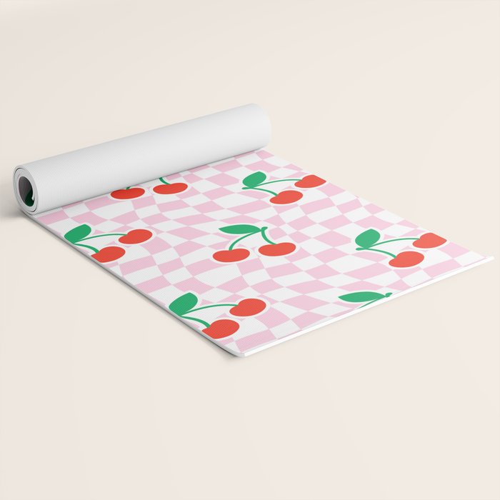 Cute pink cherry fruit checkered pattern Yoga Mat Gallery Image 2