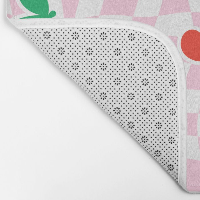 Cute pink cherry fruit checkered pattern Bath Mat Gallery Image 2