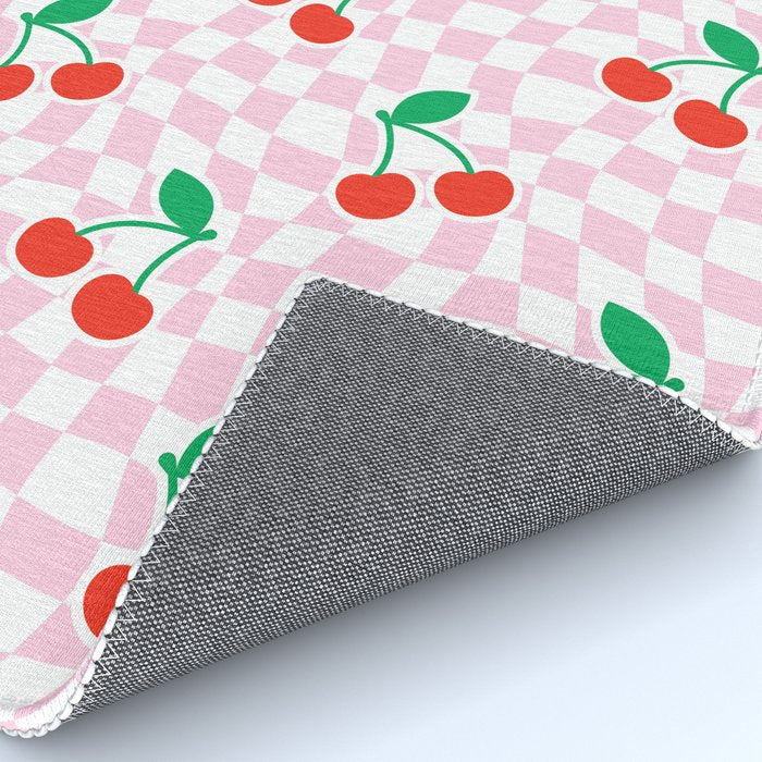 Cute pink cherry fruit checkered pattern Rug Gallery Image 4