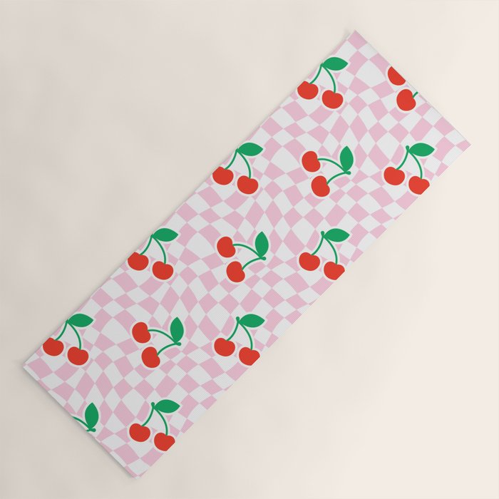 Cute pink cherry fruit checkered pattern Yoga Mat Gallery Image 1