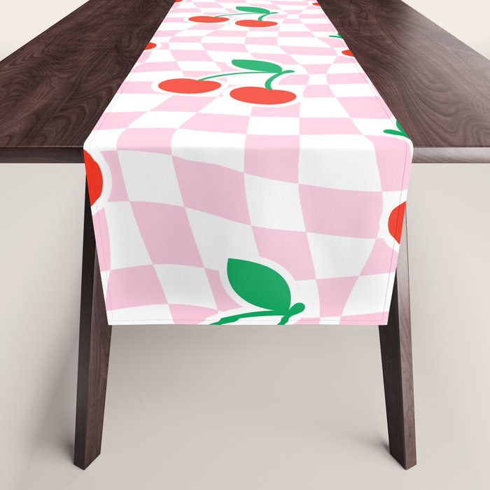 Cute pink cherry fruit checkered pattern Table Runner Gallery Image 1