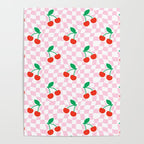 Cute pink cherry fruit checkered pattern Poster Gallery Image 4