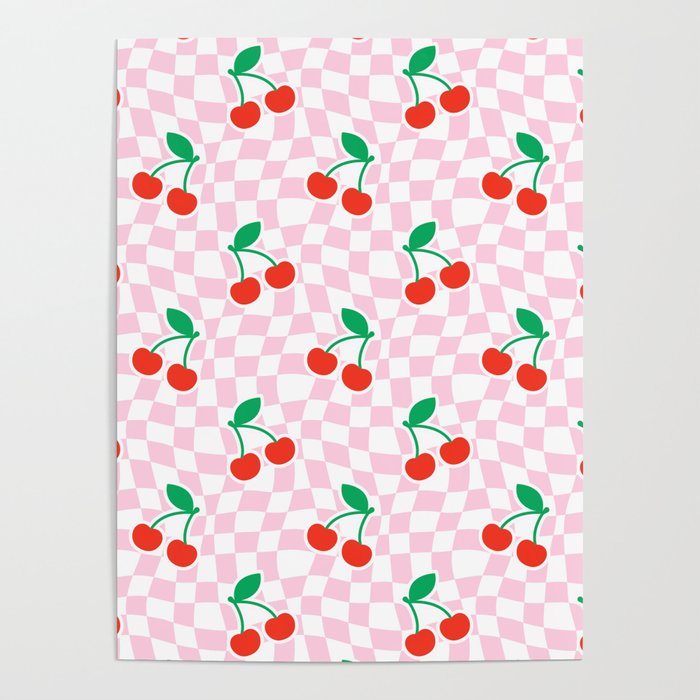 Cute pink cherry fruit checkered pattern Poster Gallery Image 4