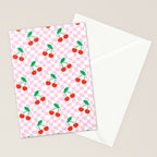 Cute pink cherry fruit checkered pattern Stationery Card Gallery Image 2