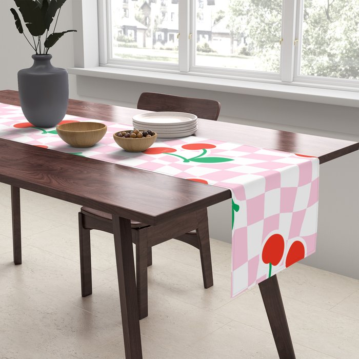 Cute pink cherry fruit checkered pattern Table Runner Gallery Image 2