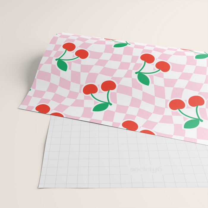 Cute pink cherry fruit checkered pattern Wrapping Paper Gallery Image 2