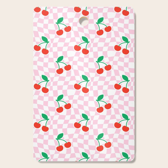 Cute pink cherry fruit checkered pattern Cutting Board Gallery Image 1