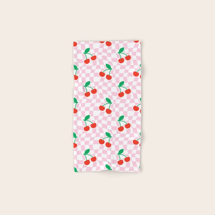 Cute pink cherry fruit checkered pattern Bath Towel Gallery Image 1