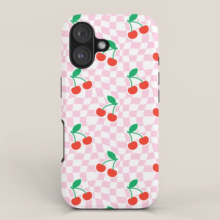 Cute pink cherry fruit checkered pattern iPhone Case Gallery Image 1