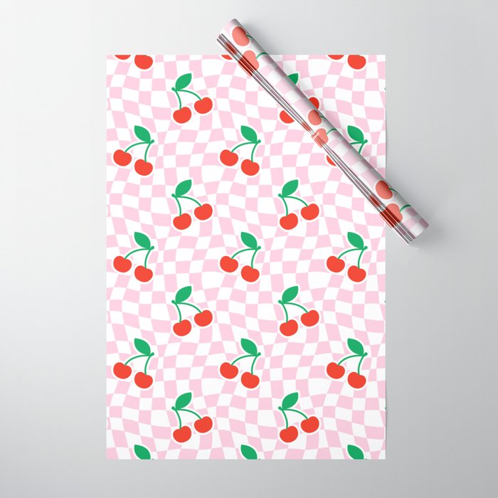 Cute pink cherry fruit checkered pattern Wrapping Paper Gallery Image 1