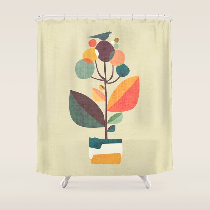 Potted plant with a bird Shower Curtain Gallery Image 1