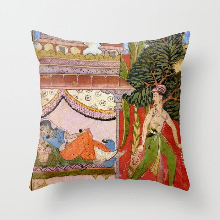 Lovers Indian Miniature Painted Illustration Throw Pillow Gallery Image 1