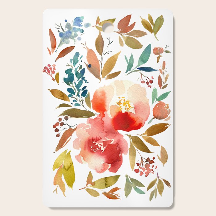 Red Turquoise Teal Floral Watercolor Cutting Board Gallery Image 1