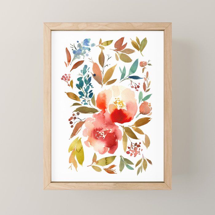 Red Turquoise Teal Floral Watercolor Mini Art Print Gallery Image 1
