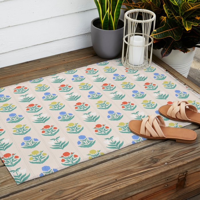Block Print Flowers in Primary Outdoor Rug Gallery Image 2