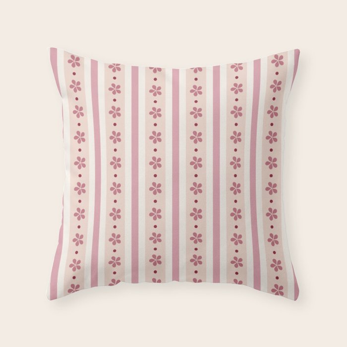 Pink Stripes And Flowers Throw Pillow Gallery Image 1