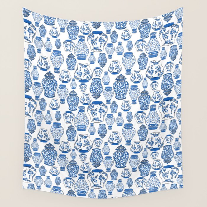 Chinoiserie Blue and White Jars Wall Tapestry Gallery Image 4