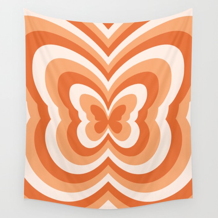 Retro 70s Butterfly in Sunset Orange Wall Tapestry Gallery Image 4