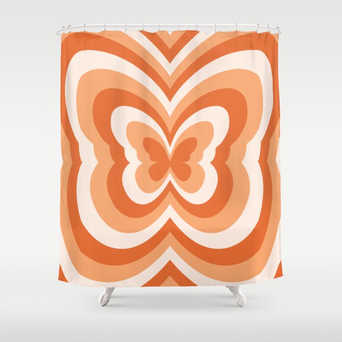 Retro 70s Butterfly in Sunset Orange Shower Curtain Gallery Image 1