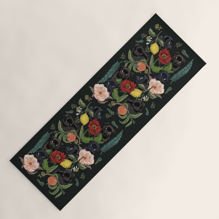 Botanical and Black Pugs Yoga Mat Gallery Image 1