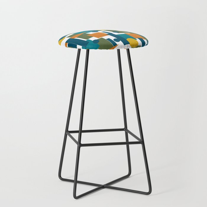 Mid-Century Modern Geometrica Pattern in Moroccan Teal Blue Olive Green Mustard Yellow Orange and White Stool Gallery Image 1