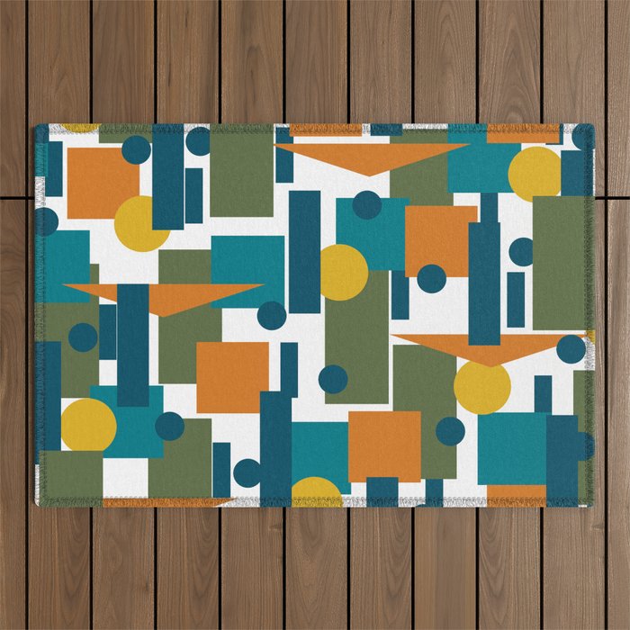 Mid-Century Modern Geometrica Pattern in Moroccan Teal Blue Olive Green Mustard Yellow Orange and White Outdoor Rug Gallery Image 1