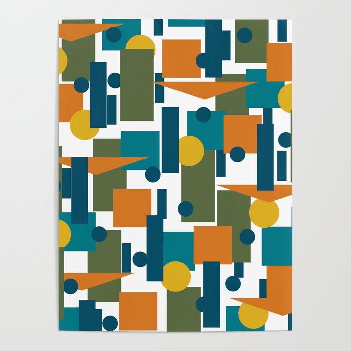 Mid-Century Modern Geometrica Pattern in Moroccan Teal Blue Olive Green Mustard Yellow Orange and White Poster Gallery Image 4