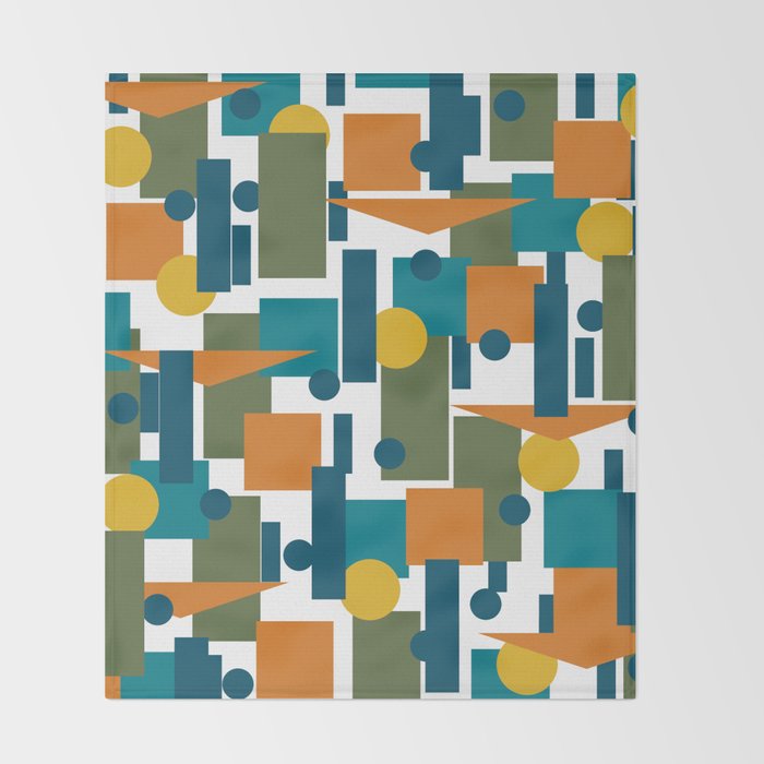 Mid-Century Modern Geometrica Pattern in Moroccan Teal Blue Olive Green Mustard Yellow Orange and White Throw Blanket Gallery Image 2