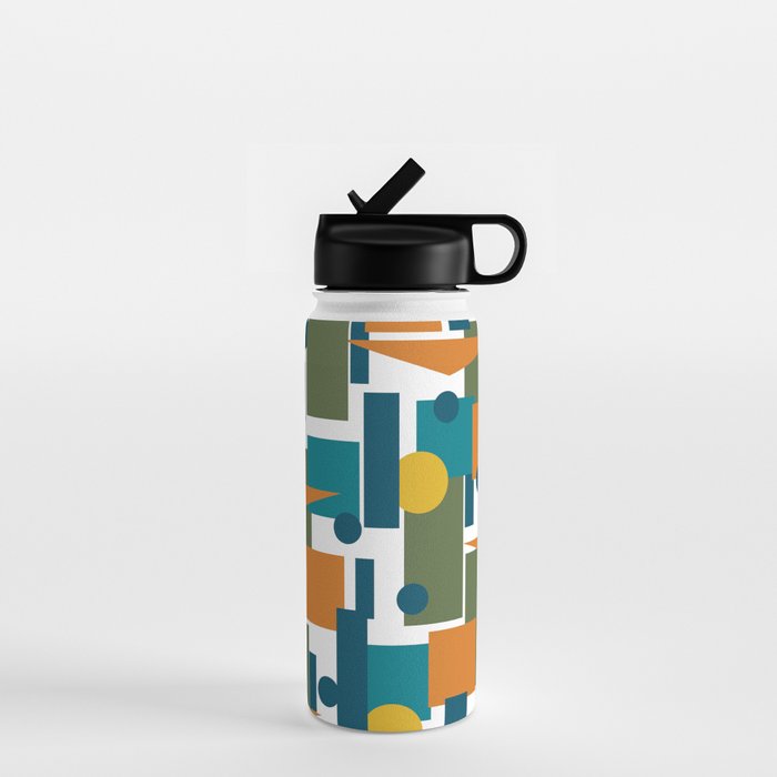 Mid-Century Modern Geometrica Pattern in Moroccan Teal Blue Olive Green Mustard Yellow Orange and White Water Bottle Gallery Image 1