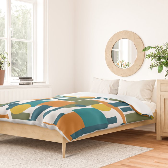 Mid-Century Modern Geometrica Pattern in Moroccan Teal Blue Olive Green Mustard Yellow Orange and White Duvet Cover Gallery Image 2