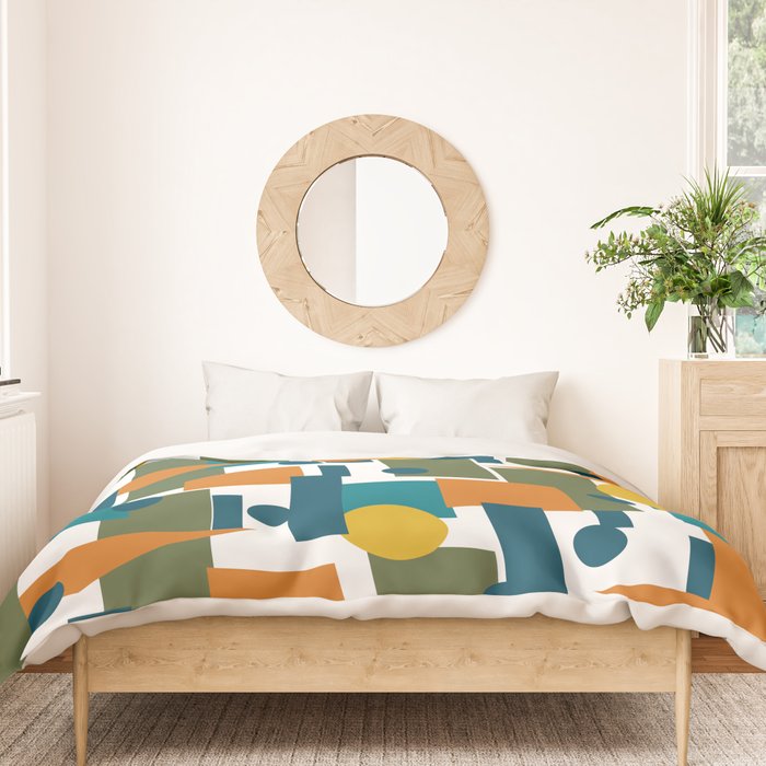 Mid-Century Modern Geometrica Pattern in Moroccan Teal Blue Olive Green Mustard Yellow Orange and White Duvet Cover Gallery Image 3