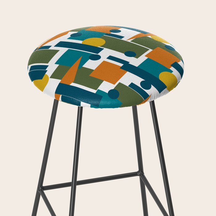 Mid-Century Modern Geometrica Pattern in Moroccan Teal Blue Olive Green Mustard Yellow Orange and White Stool Gallery Image 2