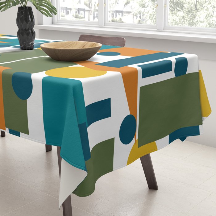 Mid-Century Modern Geometrica Pattern in Moroccan Teal Blue Olive Green Mustard Yellow Orange and White Tablecloth Gallery Image 3