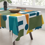 Mid-Century Modern Geometrica Pattern in Moroccan Teal Blue Olive Green Mustard Yellow Orange and White Tablecloth Gallery Image 3