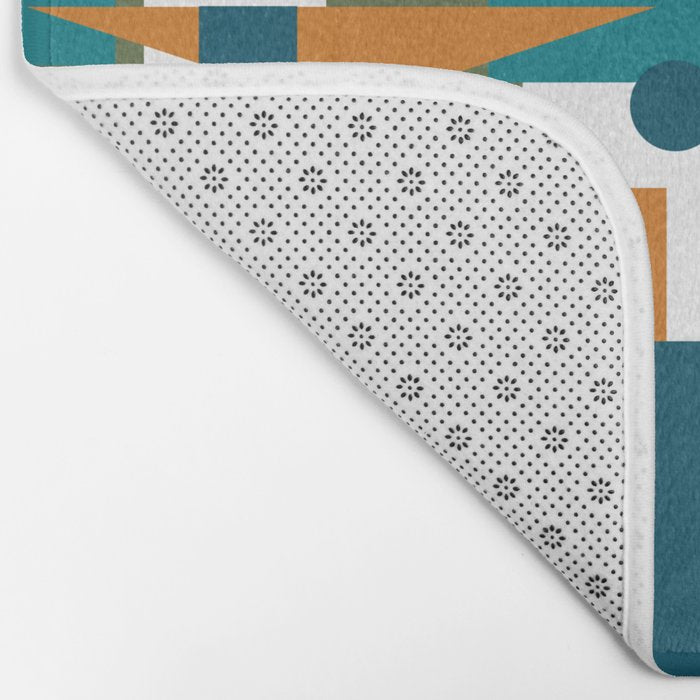 Mid-Century Modern Geometrica Pattern in Moroccan Teal Blue Olive Green Mustard Yellow Orange and White Bath Mat Gallery Image 2