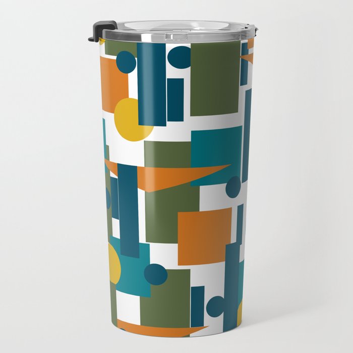 Mid-Century Modern Geometrica Pattern in Moroccan Teal Blue Olive Green Mustard Yellow Orange and White Travel Mug Gallery Image 3