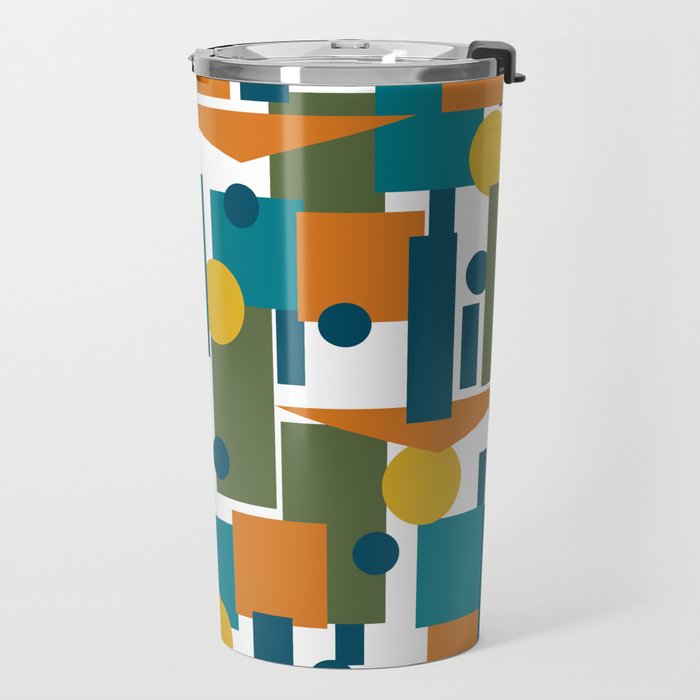Mid-Century Modern Geometrica Pattern in Moroccan Teal Blue Olive Green Mustard Yellow Orange and White Travel Mug Gallery Image 2