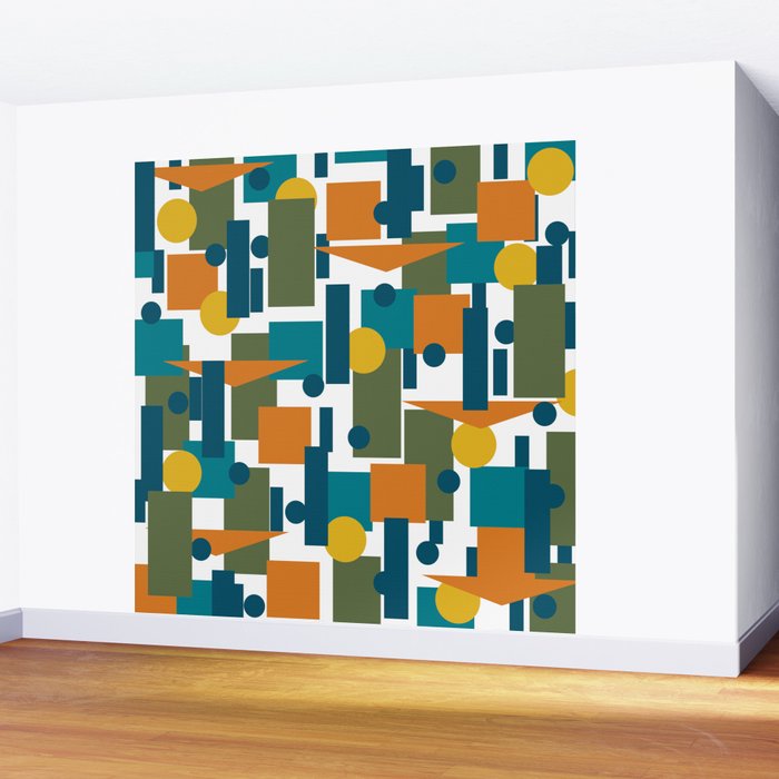 Mid-Century Modern Geometrica Pattern in Moroccan Teal Blue Olive Green Mustard Yellow Orange and White Wall Mural Gallery Image 2