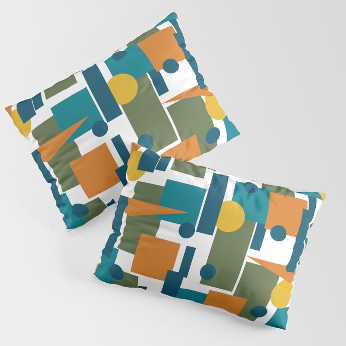 Mid-Century Modern Geometrica Pattern in Moroccan Teal Blue Olive Green Mustard Yellow Orange and White Pillow Sham Gallery Image 3
