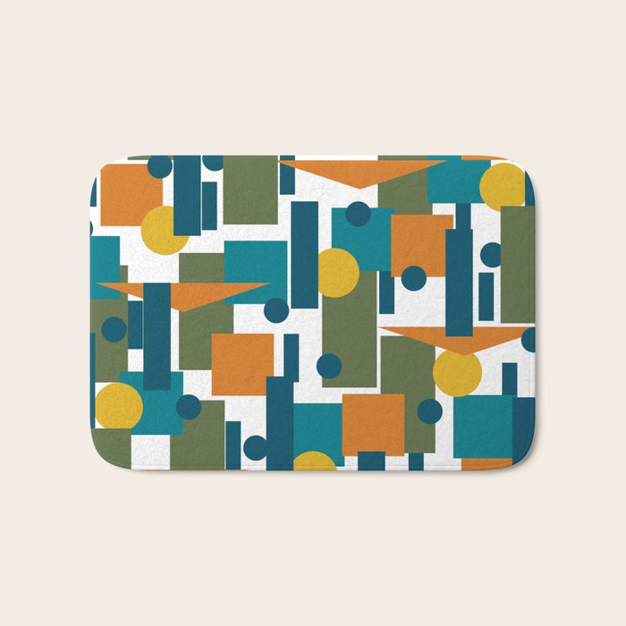 Mid-Century Modern Geometrica Pattern in Moroccan Teal Blue Olive Green Mustard Yellow Orange and White Bath Mat Gallery Image 1