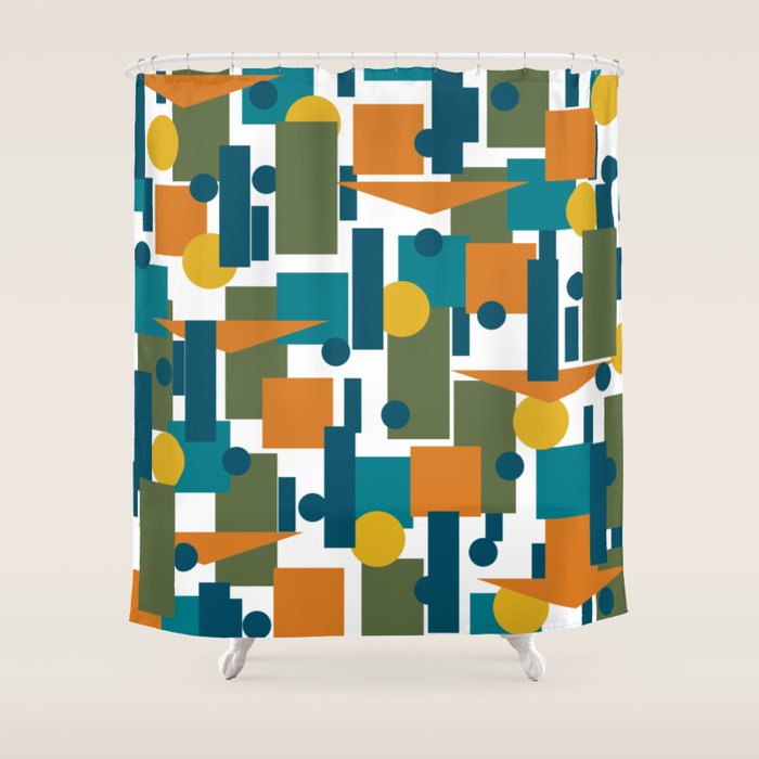 Mid-Century Modern Geometrica Pattern in Moroccan Teal Blue Olive Green Mustard Yellow Orange and White Shower Curtain Gallery Image 1