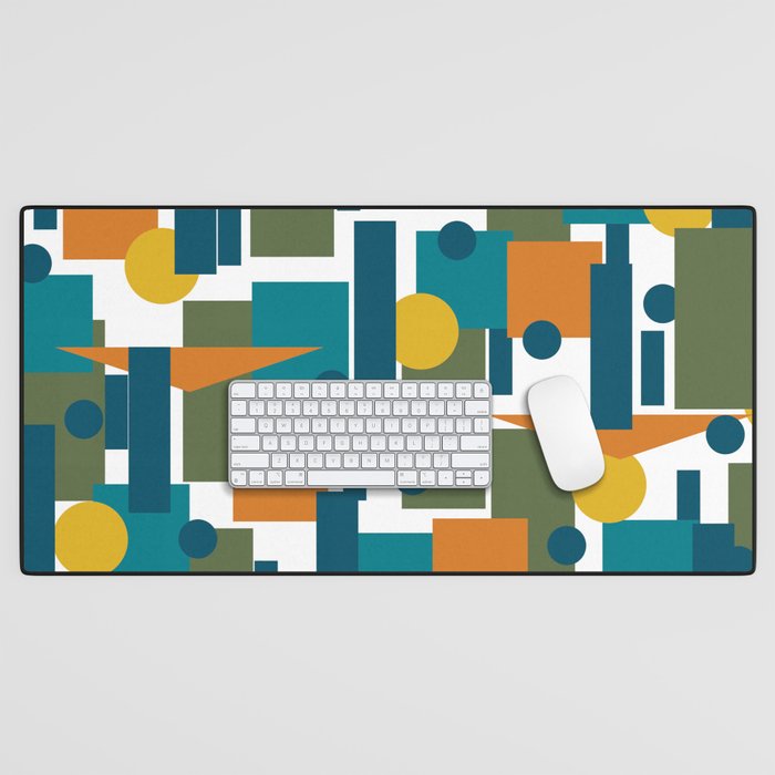 Mid-Century Modern Geometrica Pattern in Moroccan Teal Blue Olive Green Mustard Yellow Orange and White Desk Mat Gallery Image 1