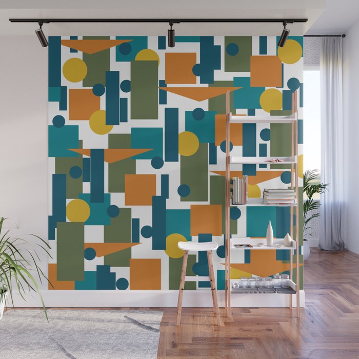 Mid-Century Modern Geometrica Pattern in Moroccan Teal Blue Olive Green Mustard Yellow Orange and White Wall Mural Gallery Image 1
