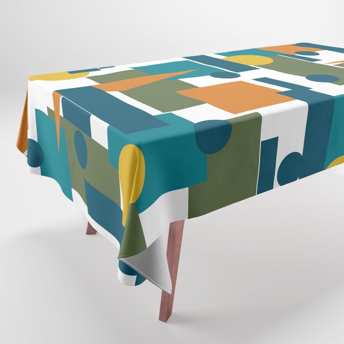 Mid-Century Modern Geometrica Pattern in Moroccan Teal Blue Olive Green Mustard Yellow Orange and White Tablecloth Gallery Image 1