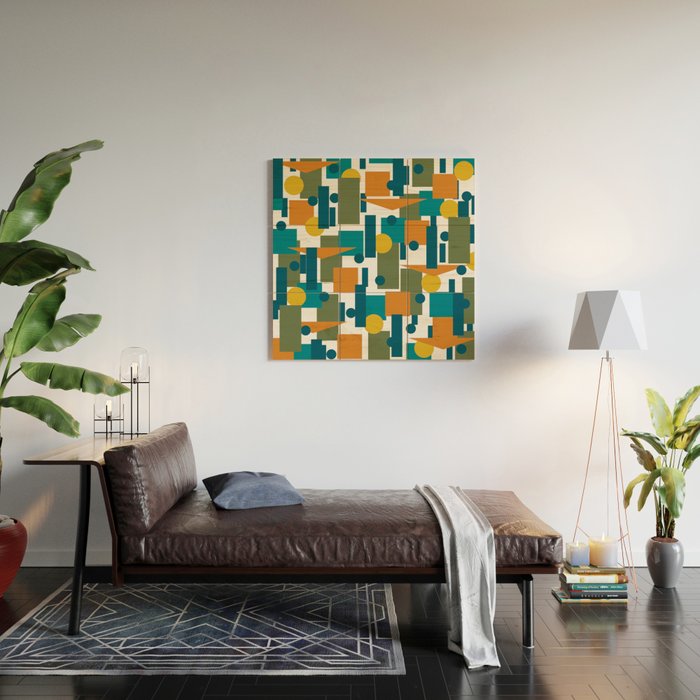 Mid-Century Modern Geometrica Pattern in Moroccan Teal Blue Olive Green Mustard Yellow Orange and White Wood Wall Art Gallery Image 2