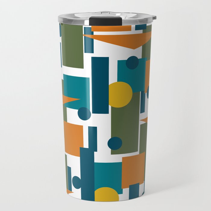 Mid-Century Modern Geometrica Pattern in Moroccan Teal Blue Olive Green Mustard Yellow Orange and White Travel Mug Gallery Image 1