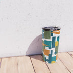Mid-Century Modern Geometrica Pattern in Moroccan Teal Blue Olive Green Mustard Yellow Orange and White Travel Mug Gallery Image 4