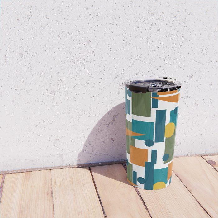 Mid-Century Modern Geometrica Pattern in Moroccan Teal Blue Olive Green Mustard Yellow Orange and White Travel Mug Gallery Image 4