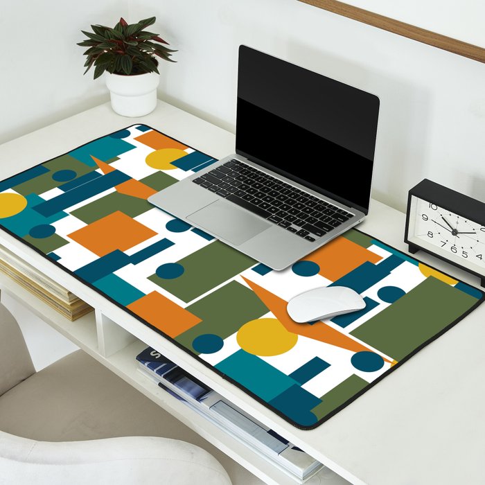 Mid-Century Modern Geometrica Pattern in Moroccan Teal Blue Olive Green Mustard Yellow Orange and White Desk Mat Gallery Image 2